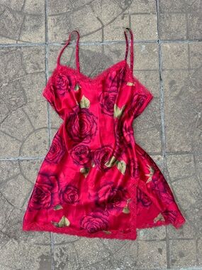 Victoria's Secret Red Rose Satin Chemise with Lace Trim